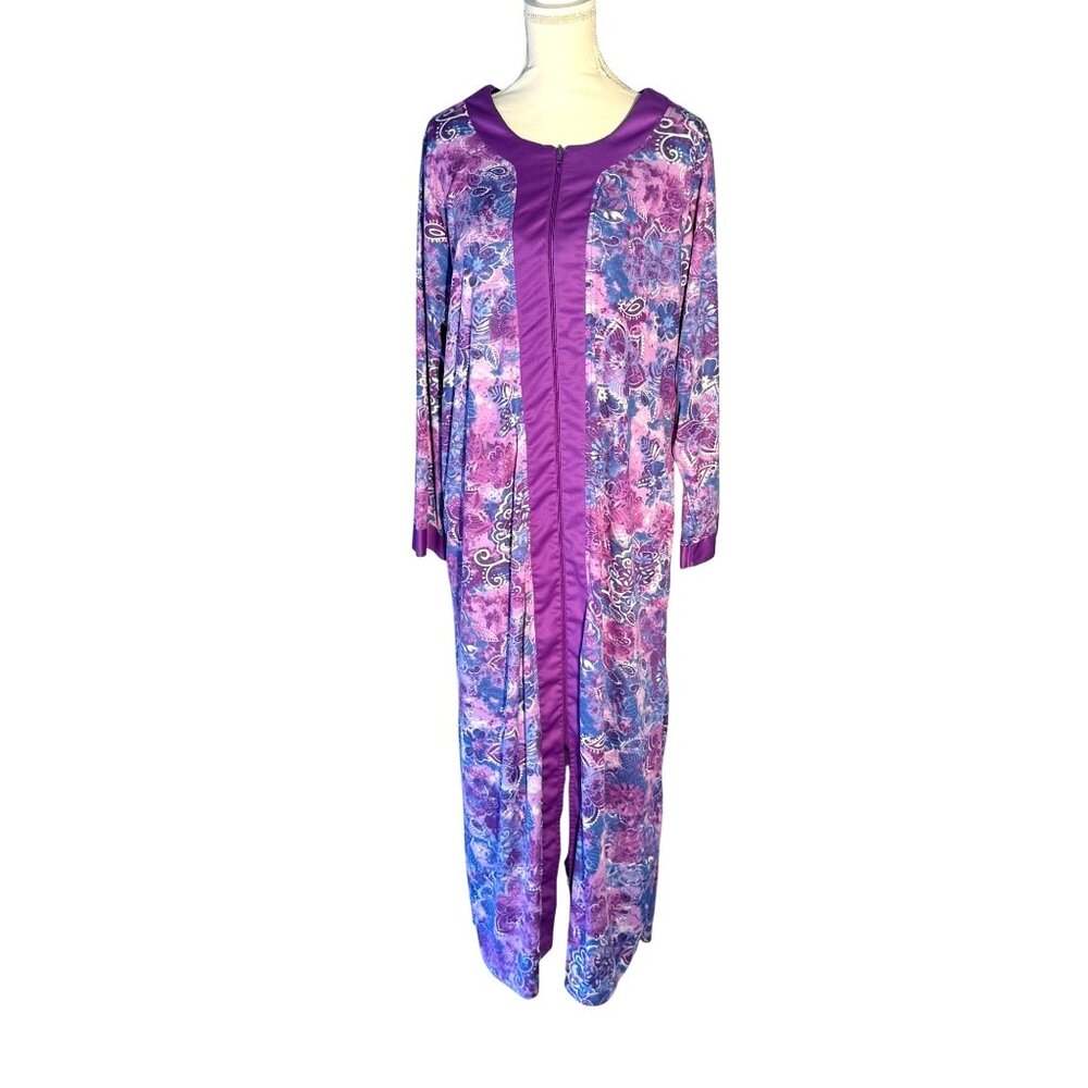 VTG Purple Floral Silky Long-Sleeve Robe Loungewear Zipper Pockets Size L Womens